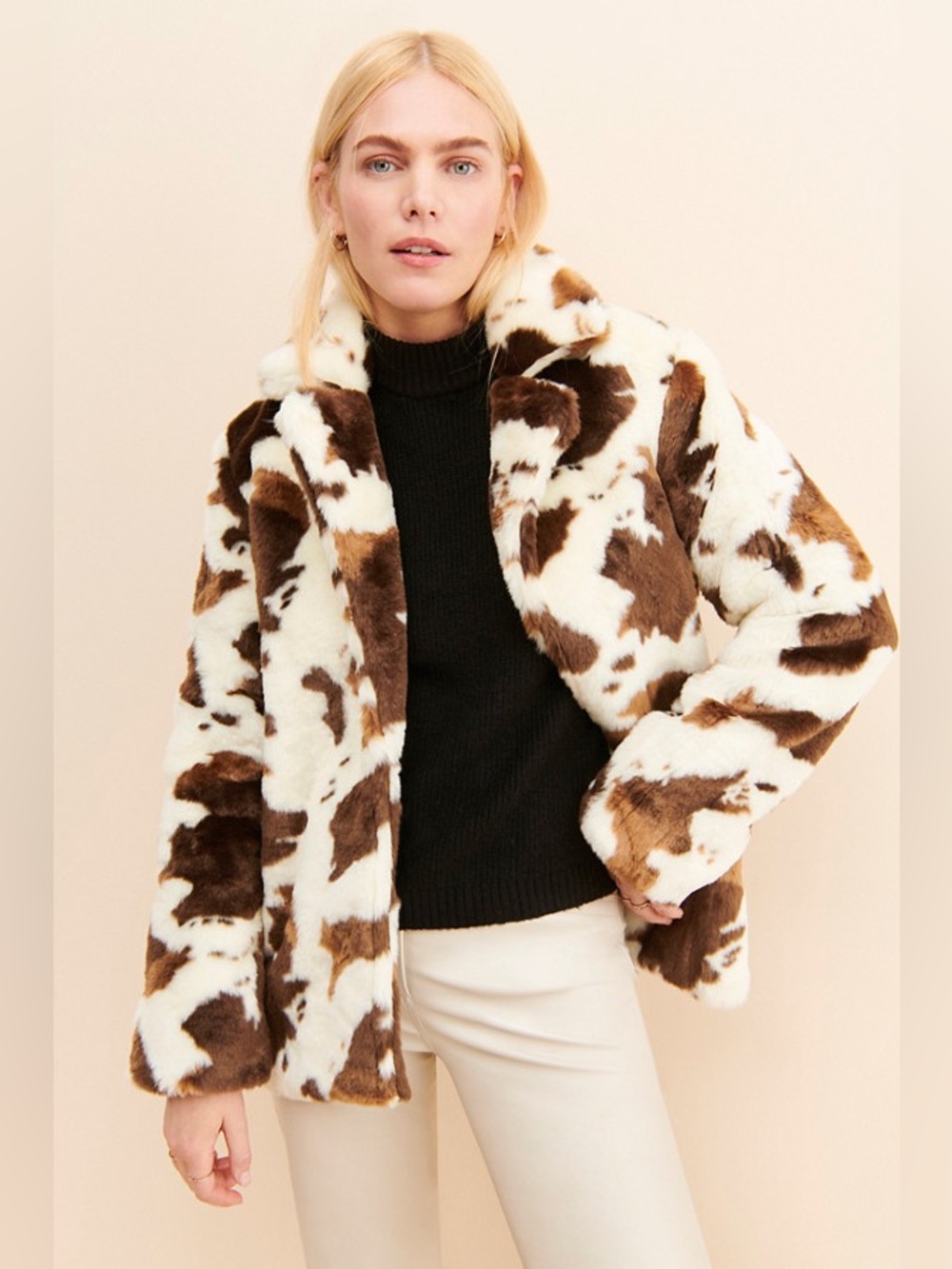 Blank NYC Bullseye Brown & White Cow-Print Teddy Faux Fur Jacket